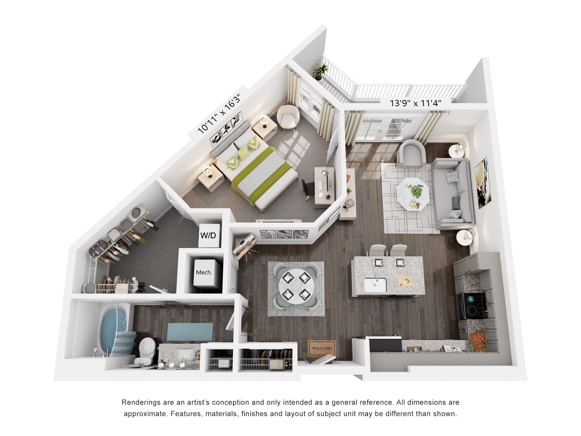 Floor plan for 1 bed, 1 bath, 845 sqft